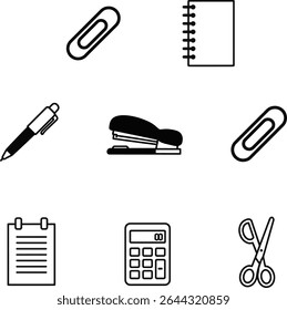 Essential Office Supplies Icons Pen, Stapler, Scissors, Calculator, Paperclips, Notebook
