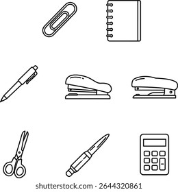 Essential Office Supplies Icons Pen, Stapler, Scissors, Calculator, Paperclips, Notebook