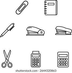 Essential Office Supplies Icons Pen, Stapler, Scissors, Calculator, Paperclips, Notebook