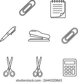 Essential Office Supplies Icons Pen, Stapler, Scissors, Calculator, Paperclips, Notebook