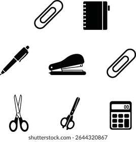 Essential Office Supplies Icons Pen, Stapler, Scissors, Calculator, Paperclips, Notebook