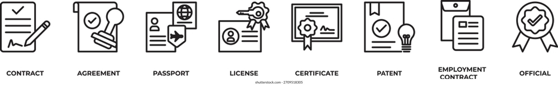 Documentos Oficiales Esenciales Los iconos establecen el esquema de Ilustración vectorial con contrato, Acuerdo, pasaporte, Licencia, certificado, patente, contrato de empleo, oficial