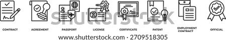 Essential Official Documents Icons set vector illustration outline with Contract , Agreement, Passport, License, certificate, Patent, Employment Contract, Official