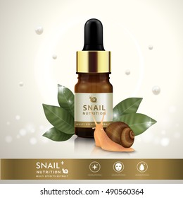 Essential oil ad template, snail nutrition dropper bottle design with leaves and pearls elements, 3D illustration