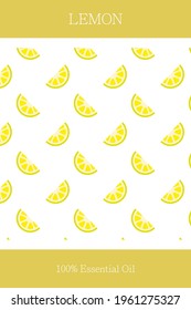 Essential oil banner or label. Lemon essential oil. Seamless, scalable lemon pattern. Cosmetics packaging design. Template on the theme of aromatherapy.