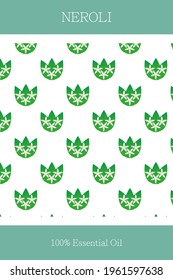 Essential oil banner or label. Neroli essential oil. Seamless, scalable neroli pattern. Cosmetics packaging design. Template on the theme of aromatherapy.