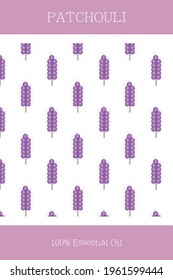 Essential oil banner or label. Patchouli essential oil. Seamless, scalable patchouli pattern. Cosmetics packaging design. Template on the theme of aromatherapy.