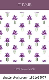 Essential oil banner or label. Thyme essential oil. Scalable thyme pattern. Cosmetics packaging design. Template on the theme of aromatherapy.