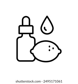 Aceite esencial, esencia de belleza o suero con vitamina C. Botella de aceite, bergamota perfumada o icono de línea de cal. Esencial, aromaterapia, fragancia natural, bienestar, relajación Ilustración vectorial aislada