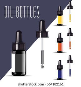 Essential Oil Black Bottle. Vector Illustration. Cosmetic Product Package.
