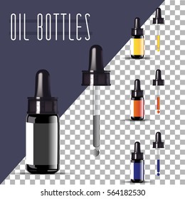Essential Oil Black Bottle. Vector Illustration. Cosmetic Product Package.
