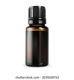 Essential oil bottle. Brown glass vial, small vector container. Realistic glossy amber packaging with black screw lid, apothecary syrup jar. Natural lavender essence flacon