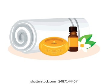 Botella de aceite esencial, vela y Ilustración vectorial de toalla de tela blanca enrollada. Conjunto de spa con aceite esencial, toalla, vela y dibujo de flores. Icono de los accesorios del spa y del bienestar sobre un fondo blanco