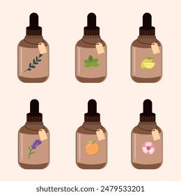 Essential oil bottle collection. Hand drawn aromatherapy element set.