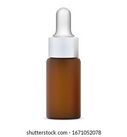 Essential oil bottle. Dropper vial for serum essence. Organic herb beauty brown flask with eyedropper cap. Realistic amber glass pharmacy container for liquid medicine treatment