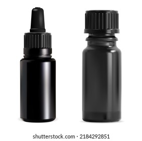 Essential oil bottle set. Black glass dropper vial isolated on white background. Medical container design for serum or essence, eyedropper package with plastic lid. Screw cap apothecary flask