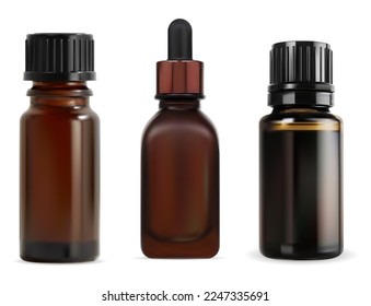 Juego de botellas de aceite esenciales. Matraz de aceite de aroma de vidrio marrón. Esencia de fragancia aromática natural vectores de viales se burlan. Botella de madera para productos cosméticos de jarabe de lavanda, cuidado de spa