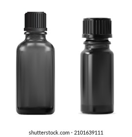 Botella de aceite esencial. Pequeña botella de aceite cosmético de vidrio negro, aislada en blanco. Aroma líquido vial realista jarabe en blanco, homeopático. Plantilla de frasco de tratamiento orgánico. Frasco apolítico pequeño