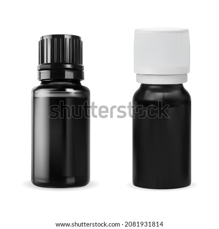Essential oil bottle. Small black glass bottle mockup isolated on white. Aromatherapy oil vial template. Aromatic syrup flacon design, small organic essence storage, realistic bottle, isolated jar