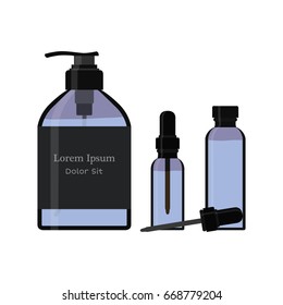 Essential oil bottle, spray. Soap pump. Cosmetic vial, flask, flacon. Container for perfume. Medical bank. Cosmetic dropper-bottle. Label, sticker