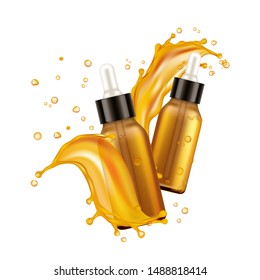 Essential oil bottles. Realistic cosmetic backaging, vector oil splashes and droplets isolated on white background