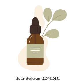 Essential oil brown bottle. Natural organic cosmetic with leaves. Eco beauty products in eco friendly packaging. Skin care routine concept. Vector illustration cartoon style. Isolated white background