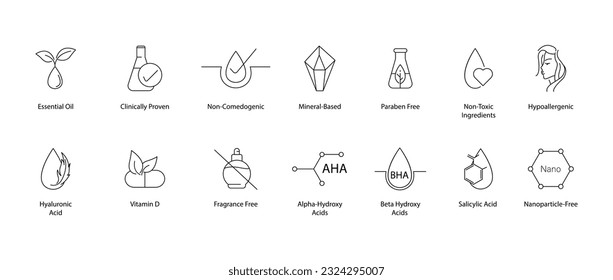 Essential oil,
Clinically proven,
Non-comedogenic,
Mineral based,
Toxic free,
Paraben free,
Hypoallergenic,
Hyaluronic acid,
Vitamin D,
Fragrance free,
Alpha Hydroxy Acid,
Salicylic acid icons vector