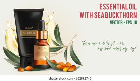 Essential oil and cream ads, branch of sea-buckthorn with olive leaves and oil texture floating in the air.