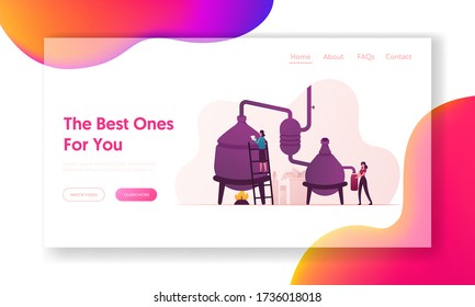 Essential Oil Creation Landing Page Template. Characters Use Distillation Apparatus for Mixing Herbs and Organic Ingredients for Making Cosmetics, Herbal Cosmetic. Cartoon People Vector Illustration