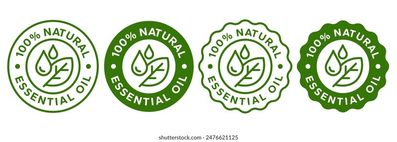 Icono de gota de aceite esencial para belleza y cuidado de la piel etiqueta de certificado de producto natural. Logotipo de la etiqueta engomada de los aceites esenciales para la loción del cuerpo, crema y champú hidratante, fragancia del bienestar del spa.