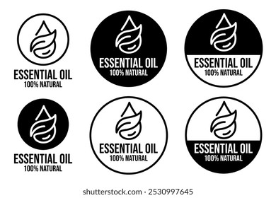 Ícone de gota de óleo essencial para beleza e skincare natural produto etiqueta. Logotipo adesivo de óleos essenciais para loção corporal, creme e shampoo hidratante, fragrância de bem-estar de spa.