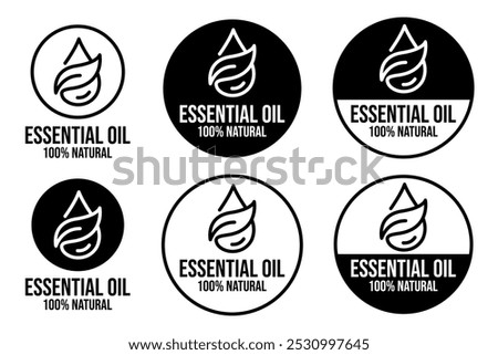 Essential oil drop icon for beauty and skincare natural product certificate label. Essential oils sticker logo for body lotion, cream and shampoo moisturizer, spa wellness fragrance.