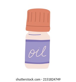 Essential oil in glass bottle with cap, flat vector illustration isolated on white background. Vegan and cruelty free cosmetics. Skin care product for cleansing and moisturizing.