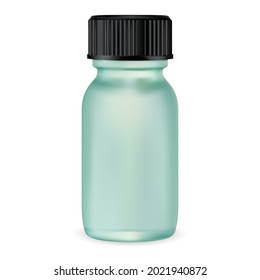 Essential oil glass container, small serum mockup, vector blank. Realistic supplement vial with black screw cap. Aromatherapy flacon concept, apothecary syrup, medical drug