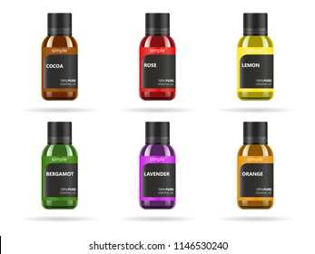 Essential oil in glass jar. Vector packaging design template and emblem - beauty, medical and cosmetic oil. Mock up vial of orange, lavender, cocoa, lemon, bergamot and rose oil essence