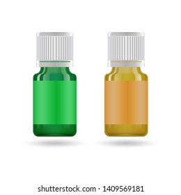 Essential oil in glass jar. Vector packaging design template and emblem - beauty, medical and cosmetic oil. Mock up bottles of different colors. Vector illustration.