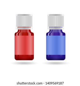 Essential oil in glass jar. Vector packaging design template and emblem - beauty, medical and cosmetic oil. Mock up bottles of different colors. Vector illustration.
