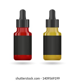 Essential oil in glass jar. Vector packaging design template and emblem - beauty, medical and cosmetic oil. Mock up bottles of different colors. Vector illustration.