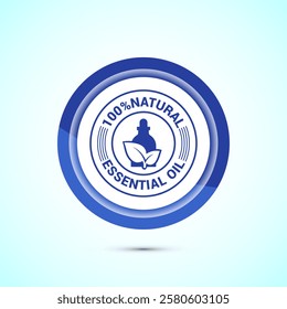 Essential oil icon design, 100 percent essential oil icon for product certificate tag, Blue color button design