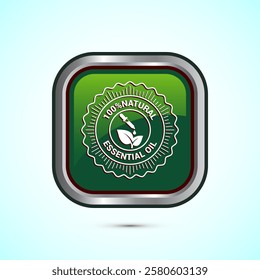 Essential oil icon design, 100 percent essential oil icon for product certificate tag, Green color square button design