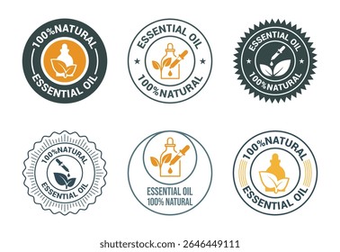 Essential oil icons set design, 100 percent essential oil icon for product certificate tag