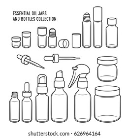 Essential oil jars and bottles design set. Design elements for different decoration needs. Vector vintage illustration.