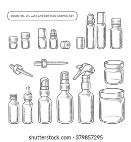 Essential oil jars and bottles hand drawn graphic set. Design elements for different decoration needs. Vector vintage illustration.