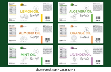 Essential oil labels design Set of bottle labels design, sticker lemon aloe vera almond orange mint lavender oil labels vector illustration