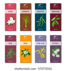 Essential Oil Labels Set. Sandalwood, Patchouli, Ylang-ylang, Neem, Neroli, Lemongrass, Eucalyptus, Jasmine. 8 Ribbon Tags Collection. For Cosmetics Perfume Health Care Products Aromatherapy Banners