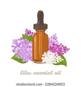 Essential oil of lilac flowers. Amber glass dropper bottle  and flowers isolated on white background. Vector illustration in cartoon flat style.