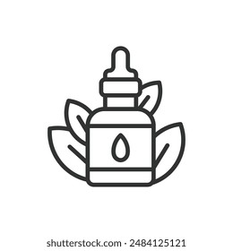 Essential oil, in line design. Essential, aromatherapy, natural fragrance, wellness, relaxation, essential oil bottle, oil on white background vector. Essential oil editable stroke icon.