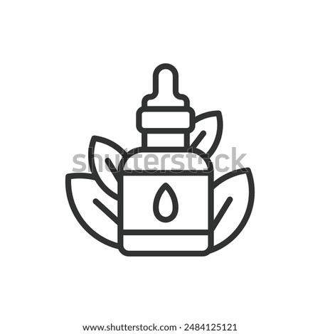 Essential oil, in line design. Essential, aromatherapy, natural fragrance, wellness, relaxation, essential oil bottle, oil on white background vector. Essential oil editable stroke icon.