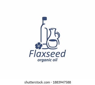 Essential oil of linseed in the glass bottle and jug logo design. Flax seed oil and flax flower vector design. Flaxseed logotype