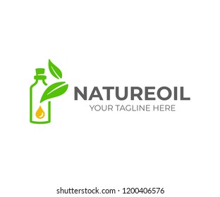Essential Oil Logo Design. Natural Oil With Fresh Herbs Vector Design. Essential Oil Bottle With Leaves Logotype
